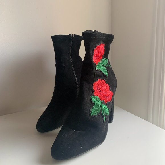 Steve Madden Black Suede 4-Inch Booties With Rose Detailing - Picture 2 of 7